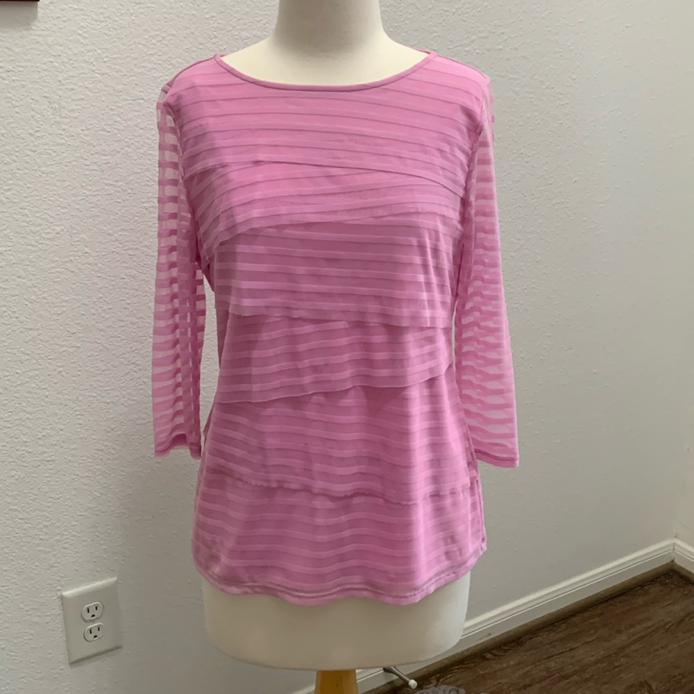 Dana Buchman Pink Blouse Lined  With Stripes Net Overlay